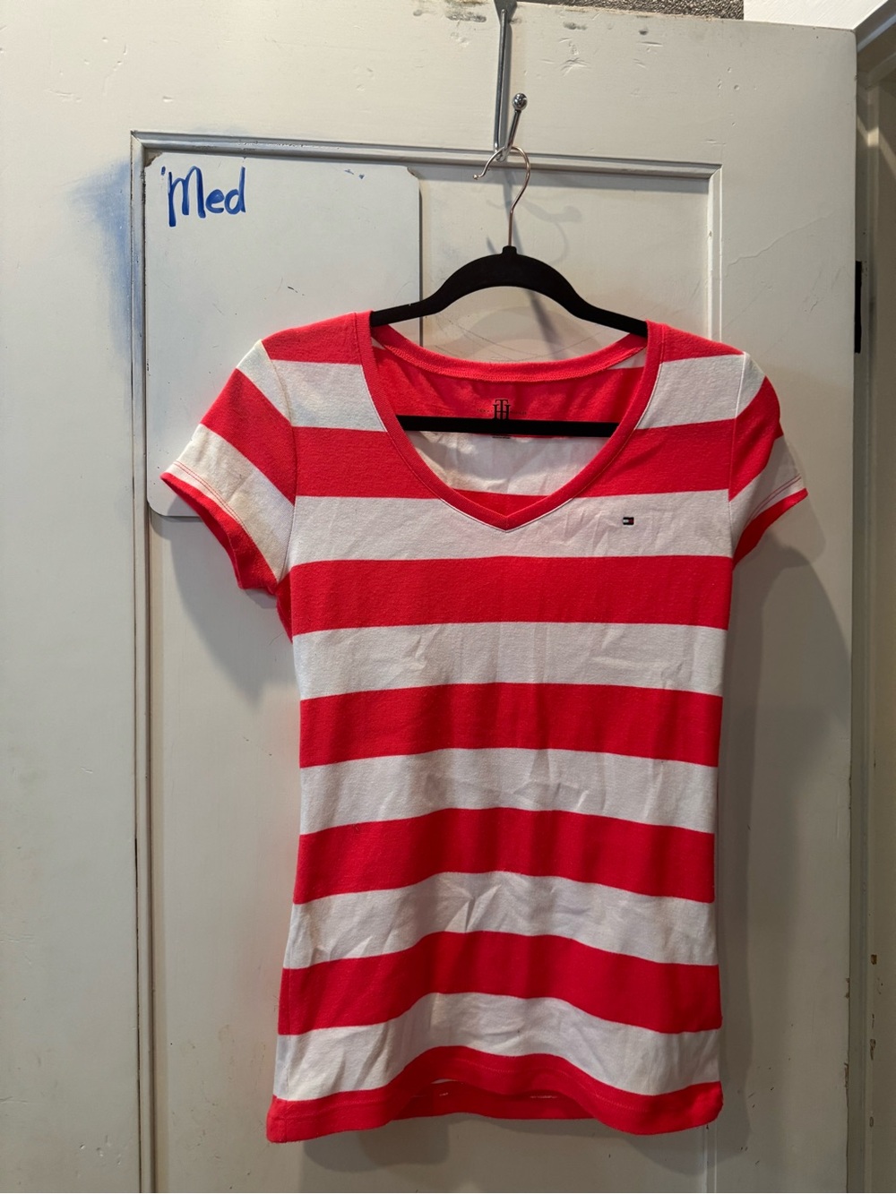 Tommy Hilfiger Red and White Striped V-Neck Short Sleeve Tee